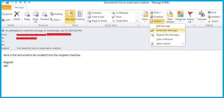how do i recall an email in outlook 2016
