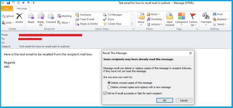 how to recall a message in outlook 2016